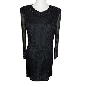 Vintage Mark &‎ John by Gopal Black Beaded Sheer Long Sleeve Mini Dress Size S